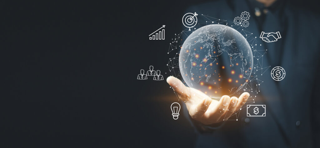 Businessman holding global internet connection technology business and digital marketing, finance and banking, digital link technology, big data.